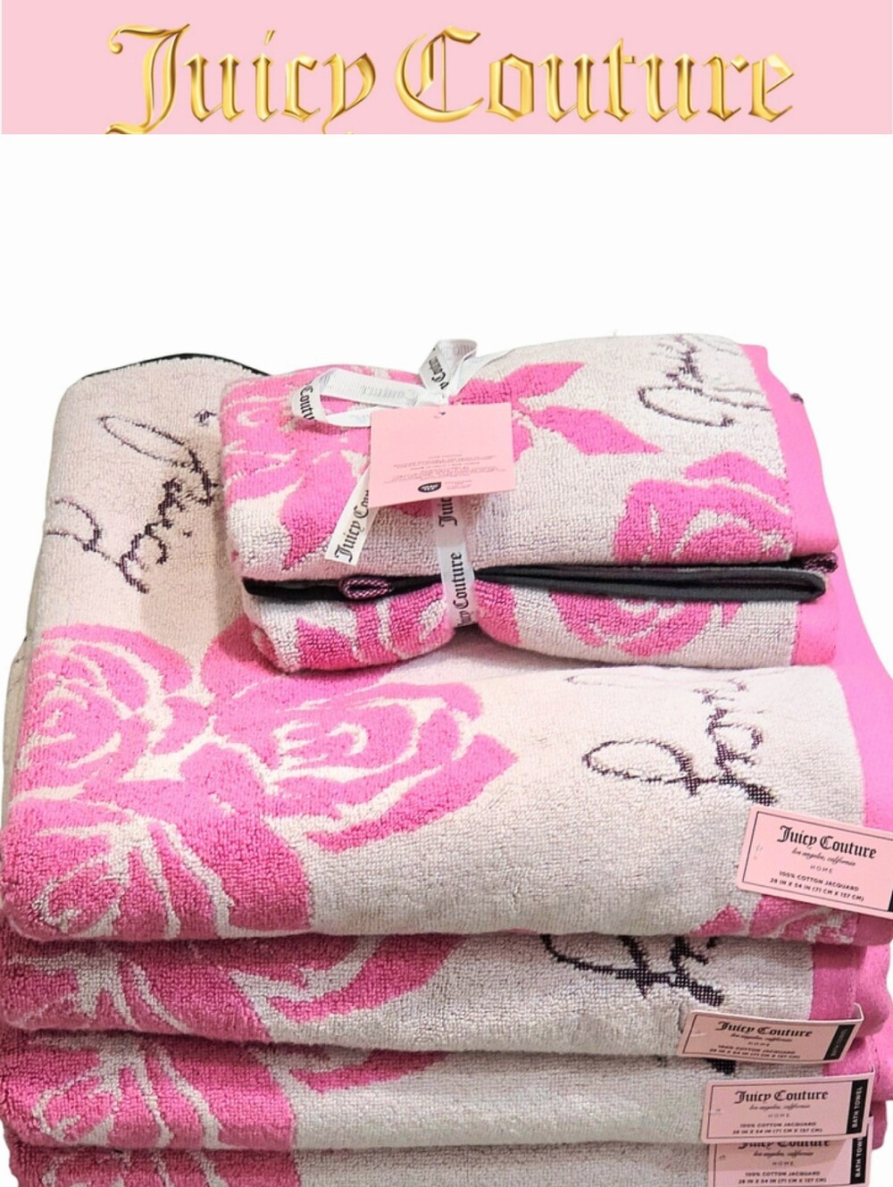 Juicy Couture Home Signature Logo Rose Print Cotton Jacquard Towel Set